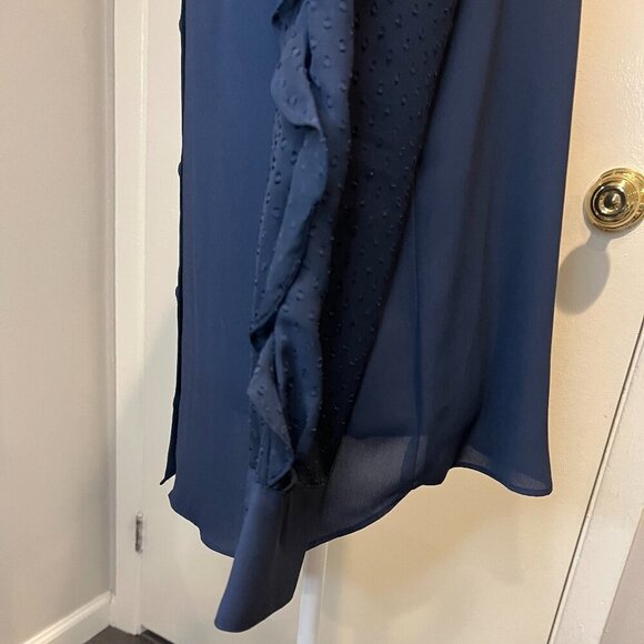 Express Navy Sheer Ruffled Polka Dot Sleeve Blouse, Size Medium - Picture 11 of 16